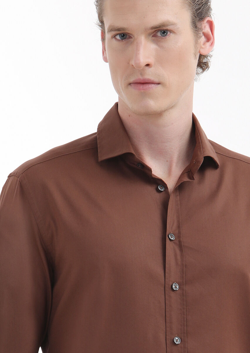 Brown Plain Regular Fit Long Weaving Casual Cotton Blended Shirt - 3