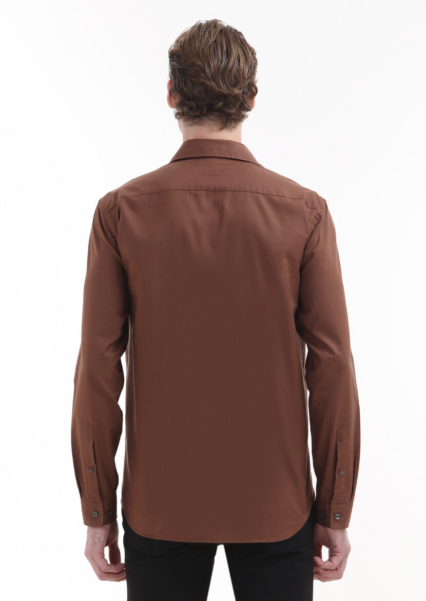 Brown Plain Regular Fit Long Weaving Casual Cotton Blended Shirt - 4