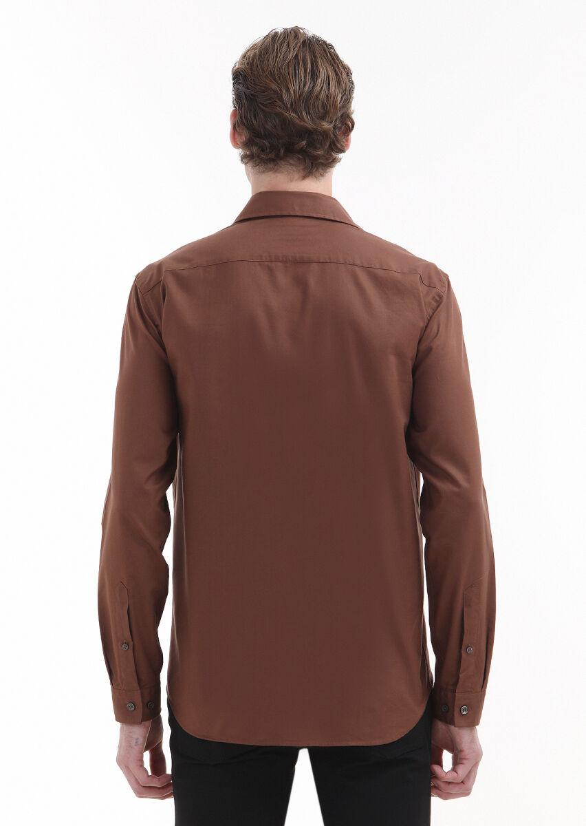Brown Plain Regular Fit Long Weaving Casual Cotton Blended Shirt - 4