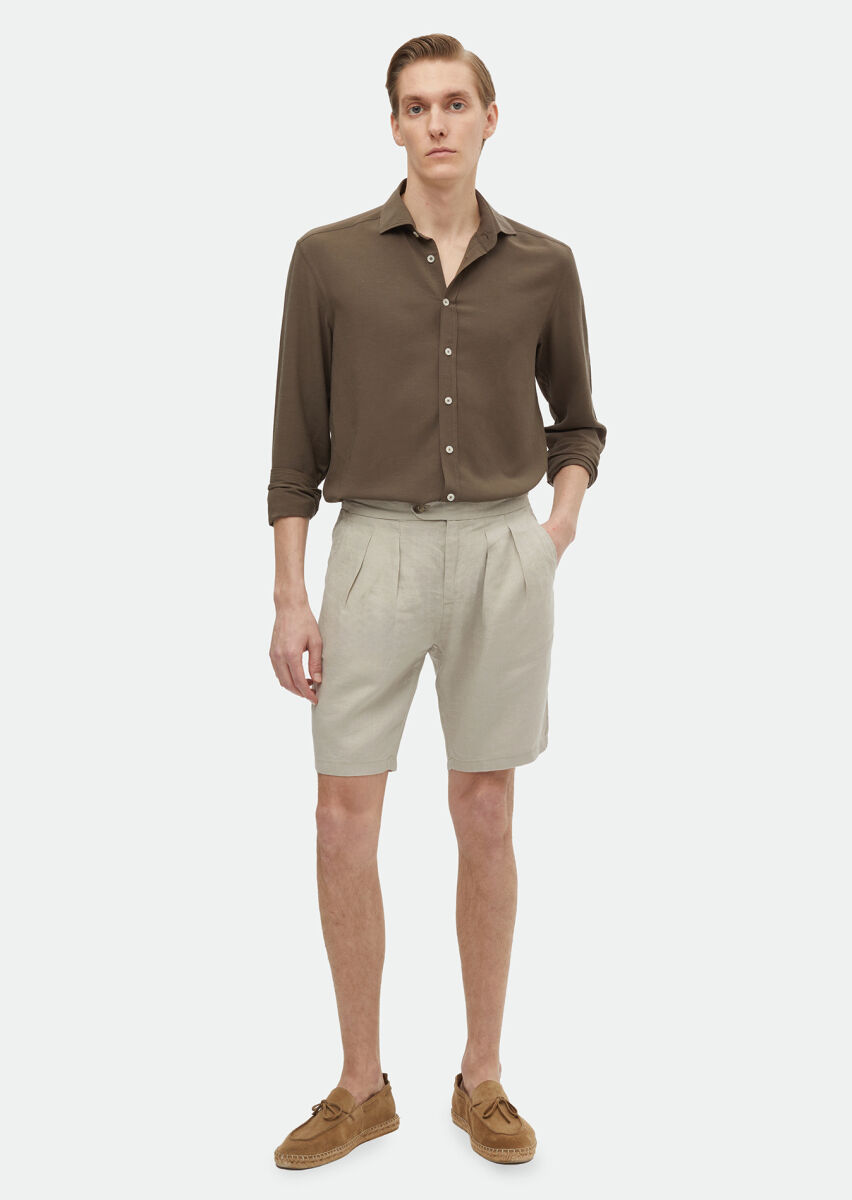 Brown Plain Regular Fit Long Weaving Casual Linen Blended Shirt - 2