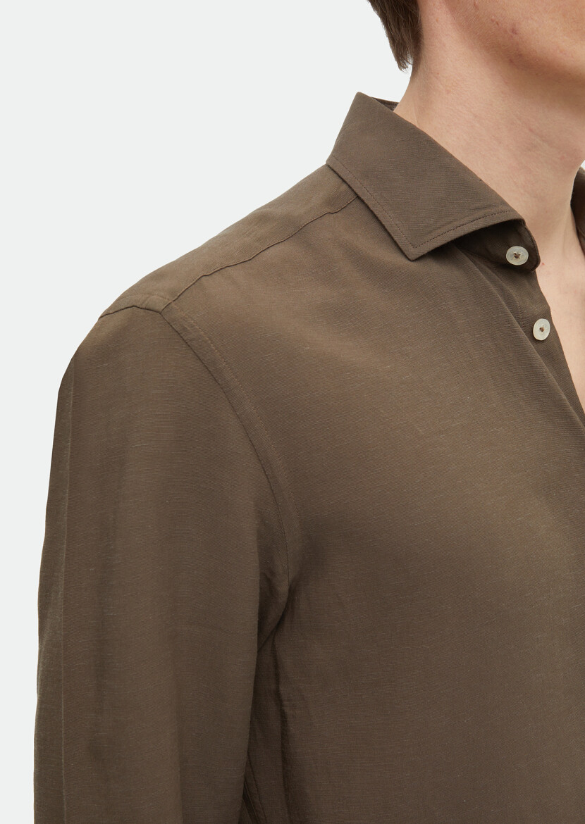 Brown Plain Regular Fit Long Weaving Casual Linen Blended Shirt - 3