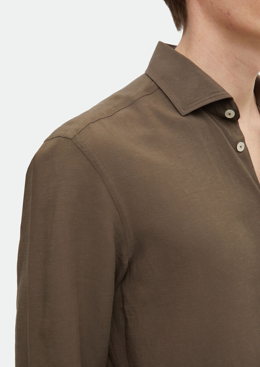 Brown Plain Regular Fit Long Weaving Casual Linen Blended Shirt - 3
