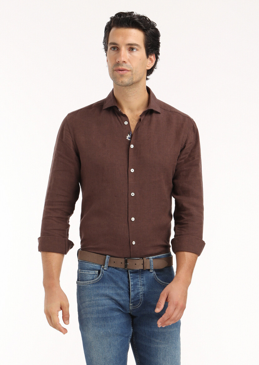 Brown Plain Regular Fit Weaving Casual 100% Linen Shirt - 3