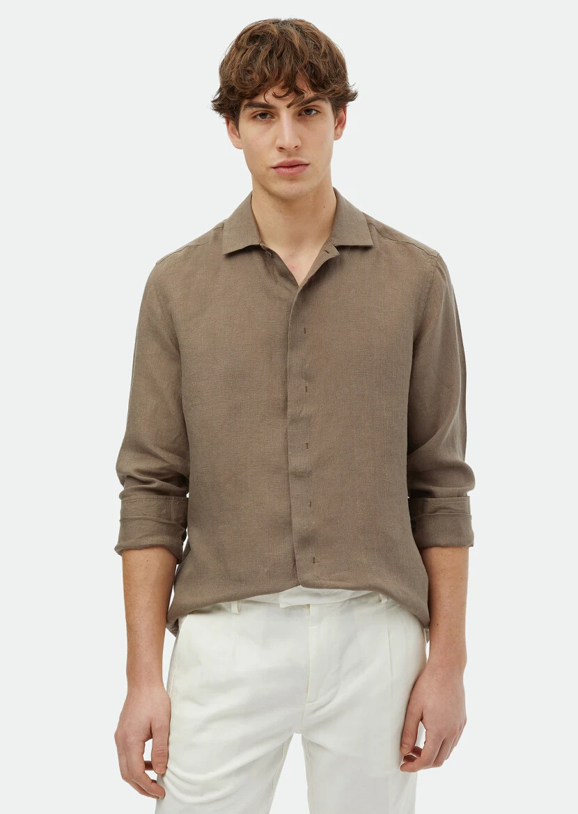Brown Plain Regular Fit Weaving Casual 100% Linen Shirt - 1