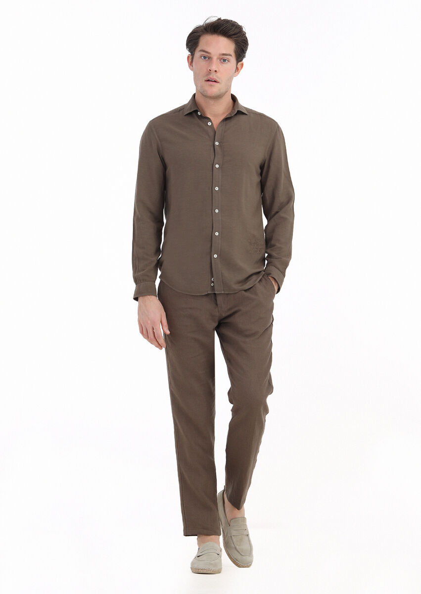 Brown Plain Regular Fit Weaving Casual Linen Blended Shirt - 1