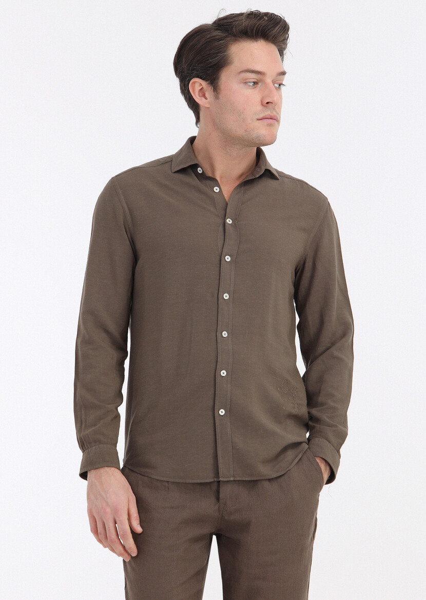 Brown Plain Regular Fit Weaving Casual Linen Blended Shirt - 2