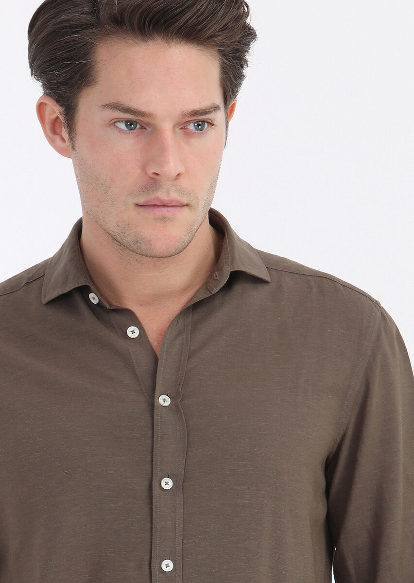 Brown Plain Regular Fit Weaving Casual Linen Blended Shirt - 4