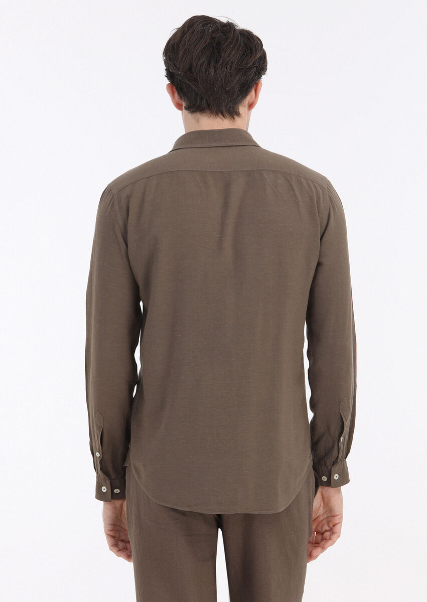 Brown Plain Regular Fit Weaving Casual Linen Blended Shirt - 6