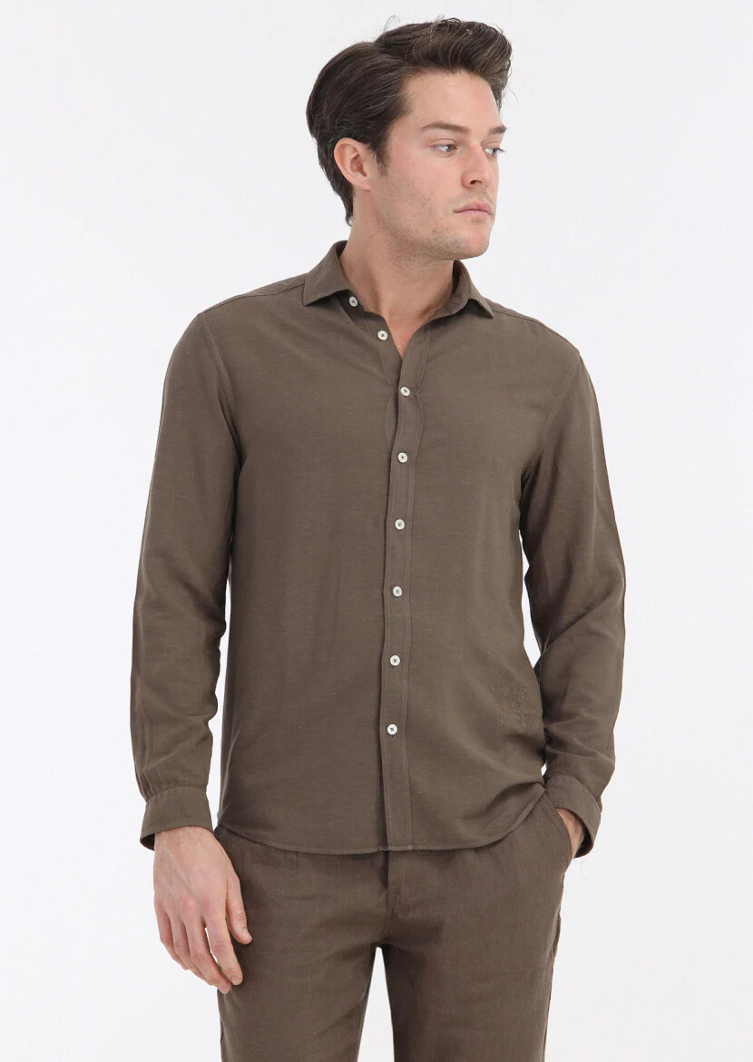 Brown Plain Regular Fit Weaving Casual Linen Blended Shirt 