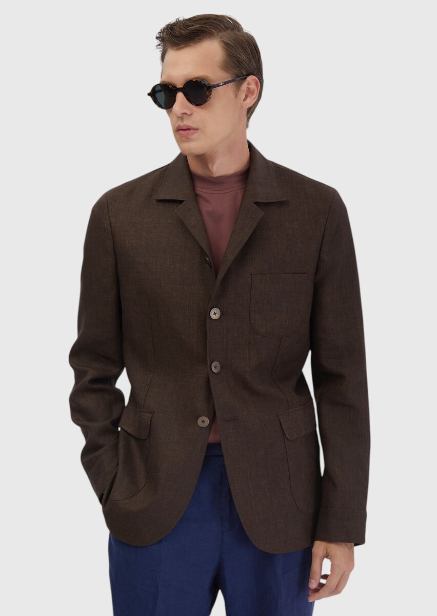 Brown Plain Shirt Shoulder Slim Fit 100% Linen Jacket - 1