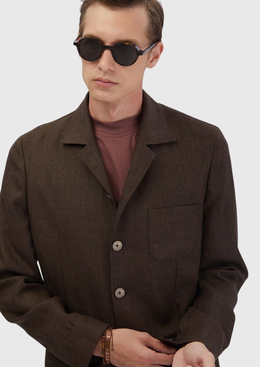 Brown Plain Shirt Shoulder Slim Fit 100% Linen Jacket - 3