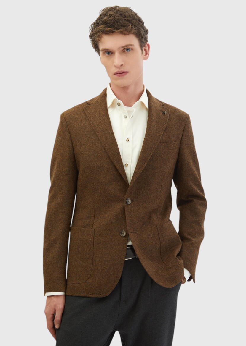 Brown Plain Shirt Shoulder Slim Fit 100% Wool Jacket - RAMSEY