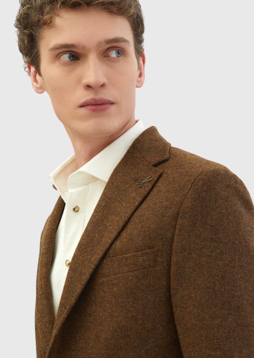 Brown Plain Shirt Shoulder Slim Fit 100% Wool Jacket - 4