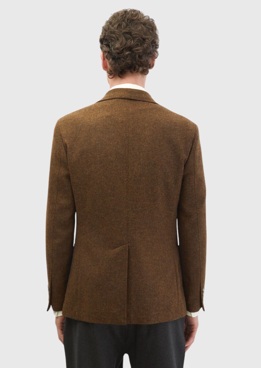 Brown Plain Shirt Shoulder Slim Fit 100% Wool Jacket - 6