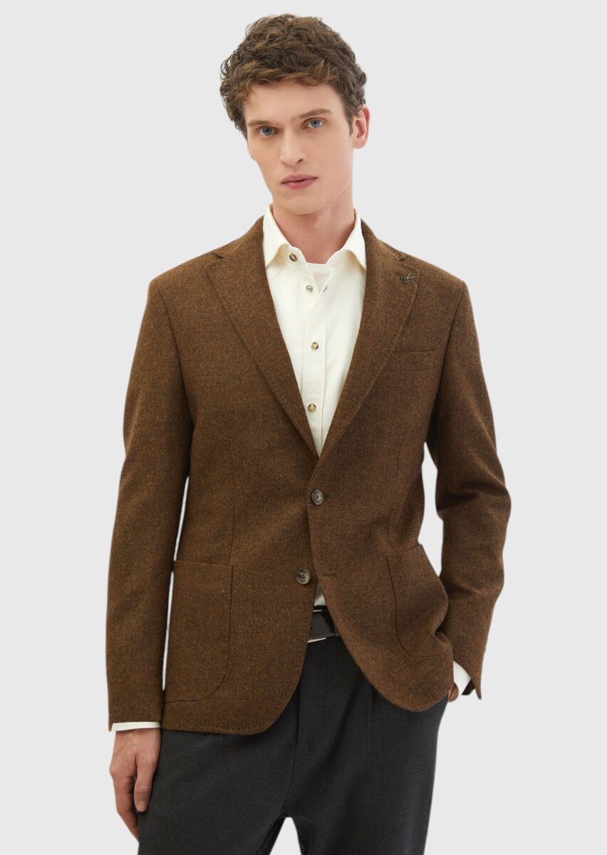 Brown Plain Shirt Shoulder Slim Fit 100% Wool Jacket - 1