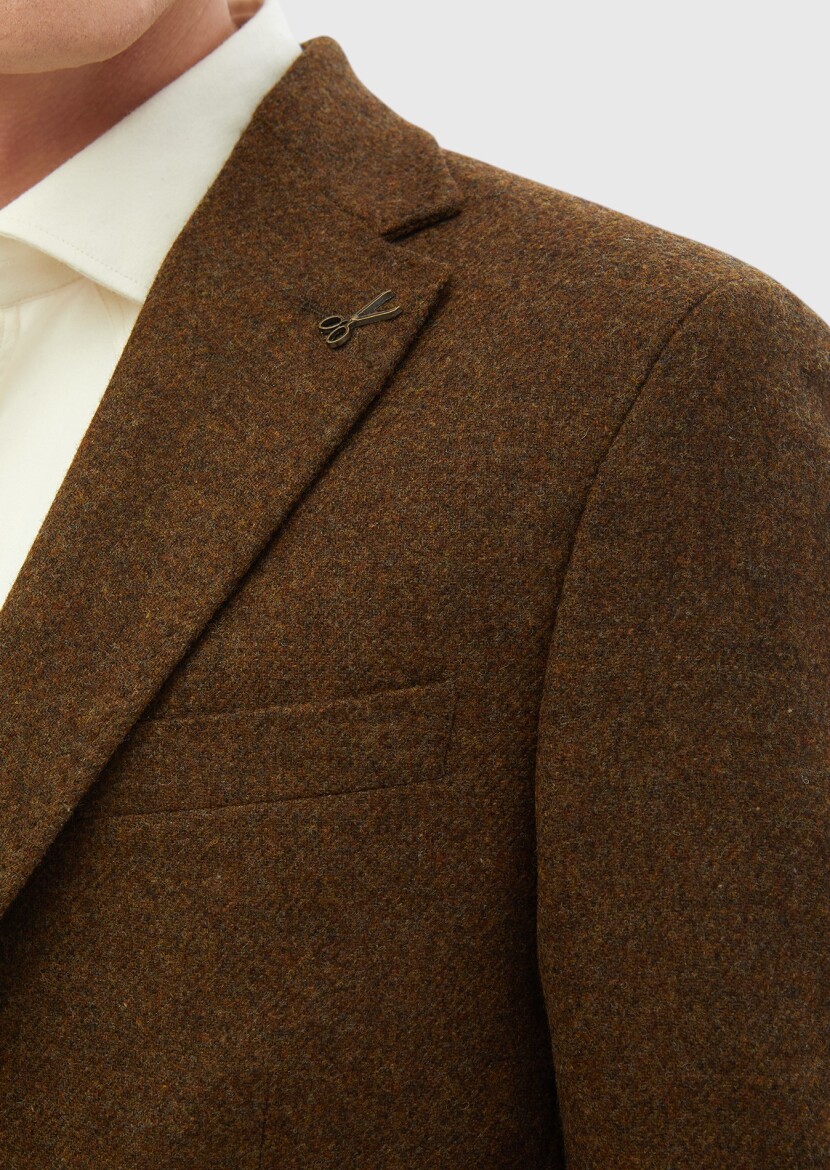 Brown Plain Shirt Shoulder Slim Fit 100% Wool Jacket - 5