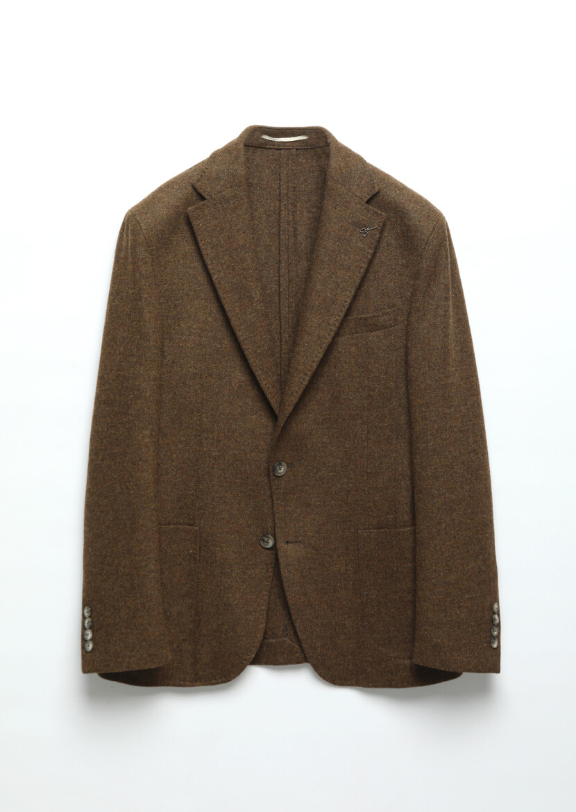 Brown Plain Shirt Shoulder Slim Fit 100% Wool Jacket - 7