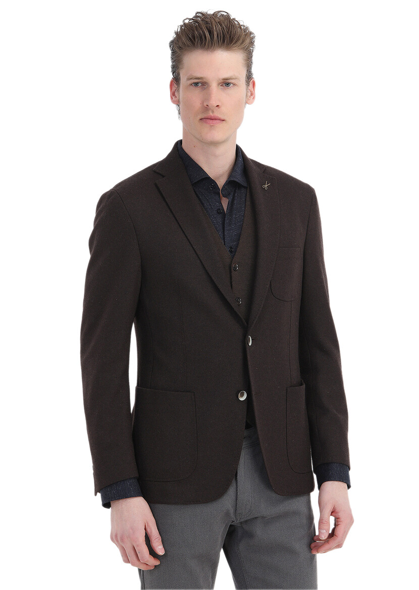 Brown Plain Shirt Shoulder Slim Fit Wool Blended Jacket - 1