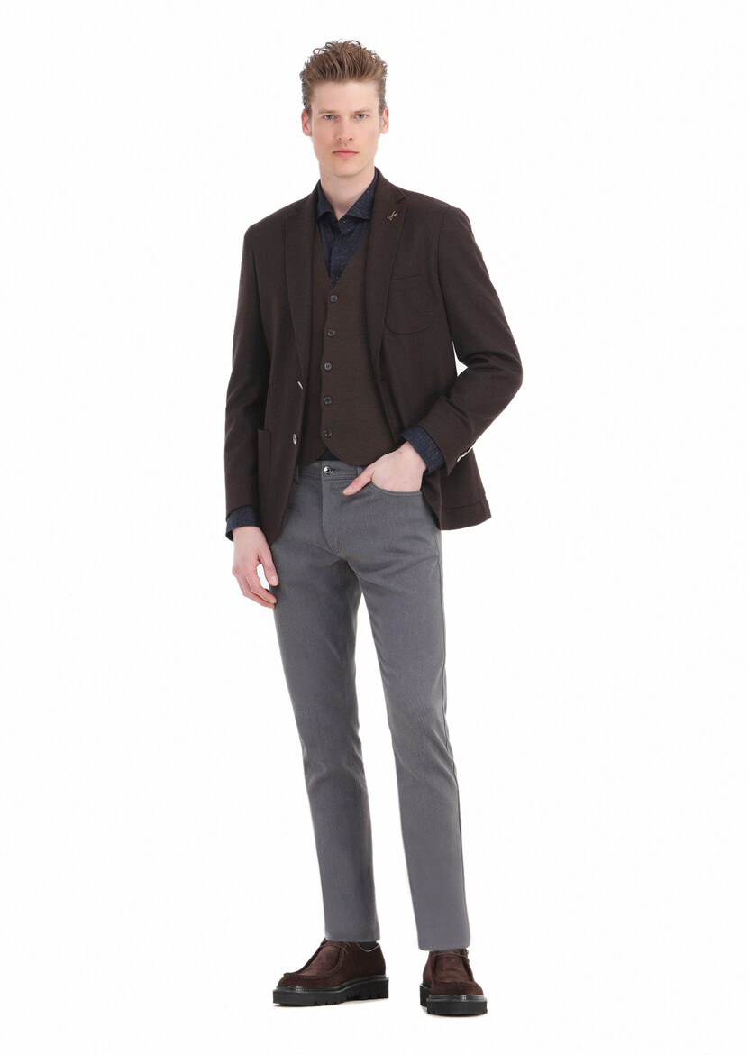 Brown Plain Shirt Shoulder Slim Fit Wool Blended Jacket - 3