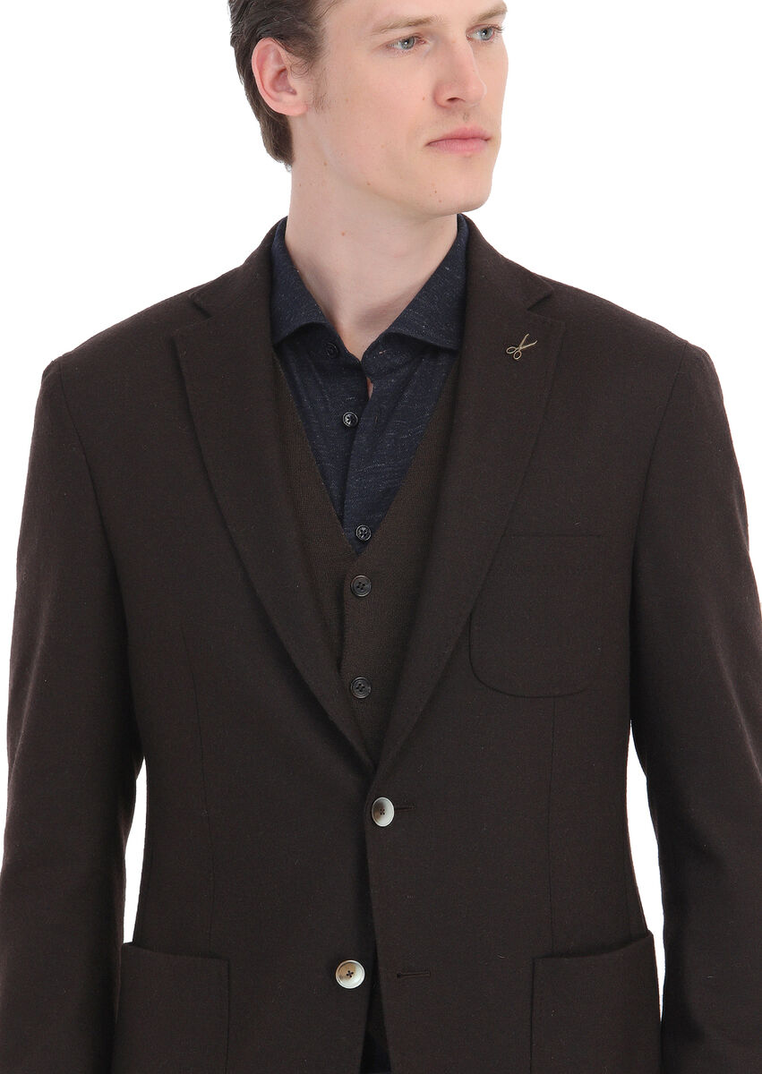 Brown Plain Shirt Shoulder Slim Fit Wool Blended Jacket - 4