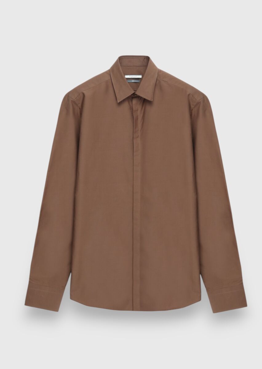 Brown Plain Slim Fit Long Weaving Casual Silk Blended Shirt - 1