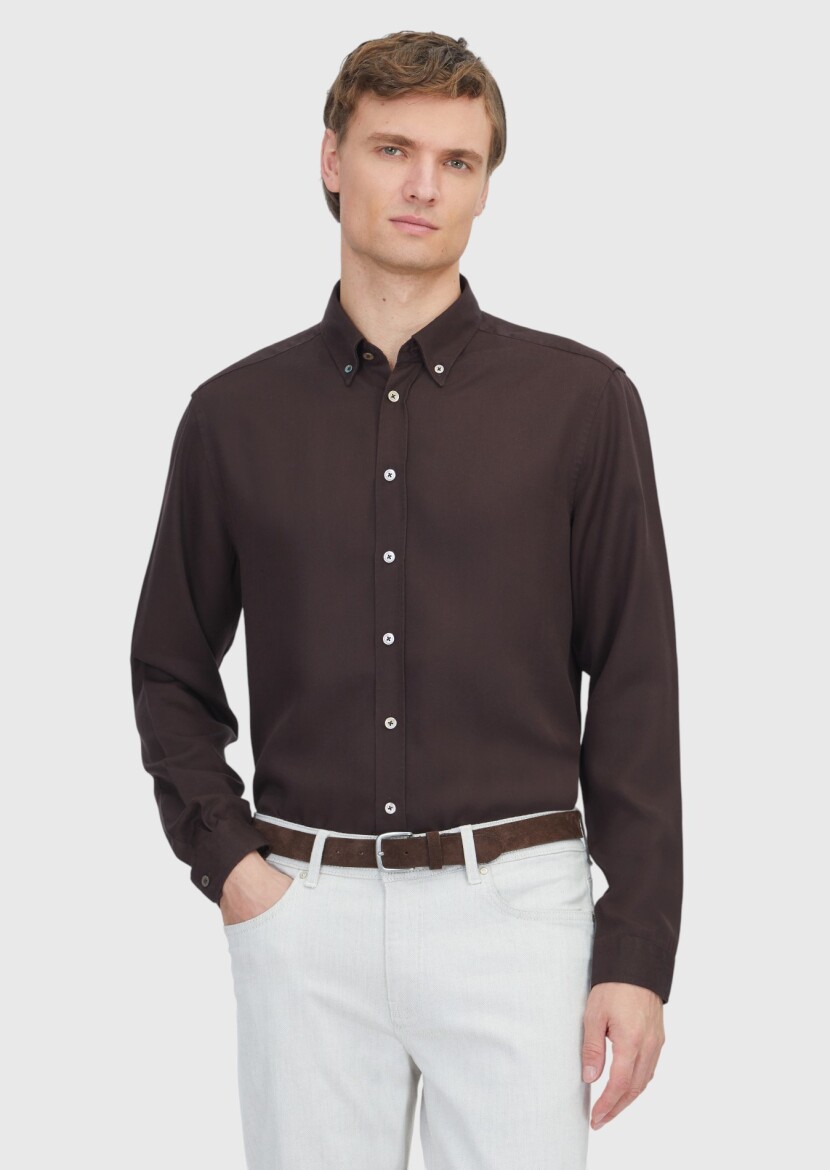 Brown Plain Weaving Casual Shirt - 1