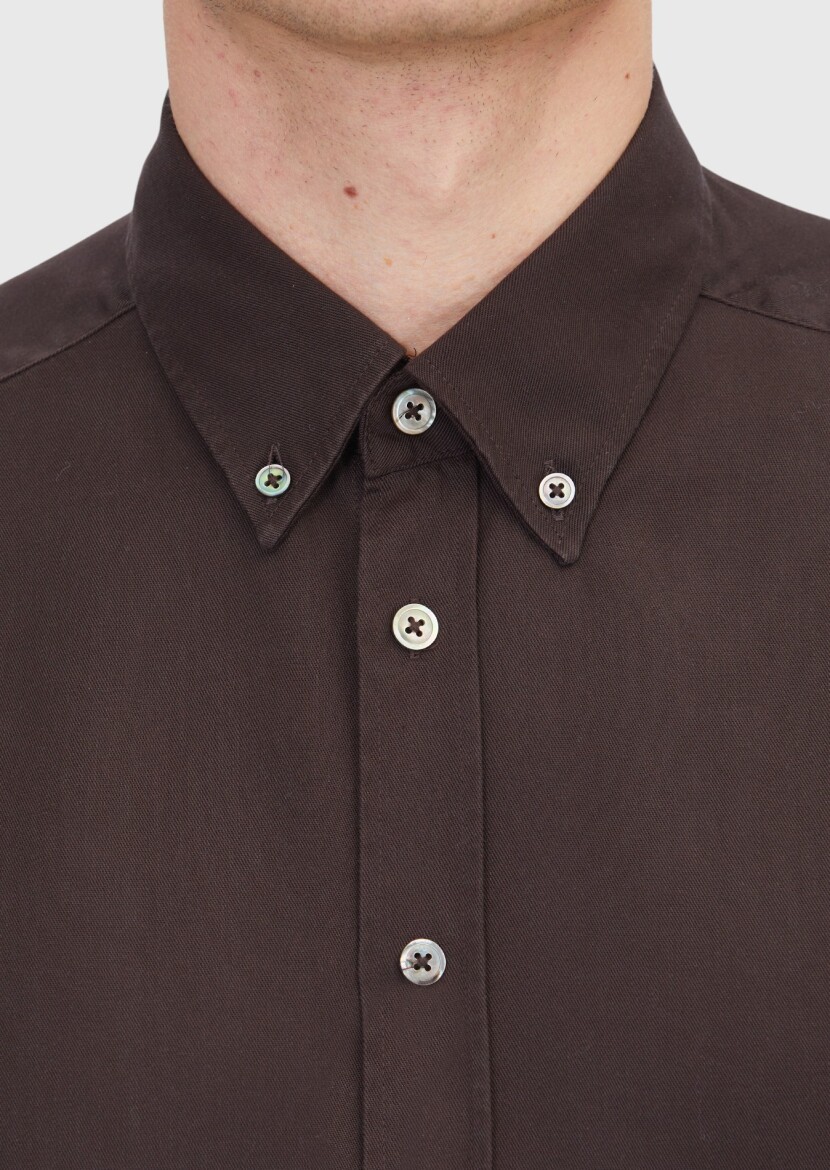 Brown Plain Weaving Casual Shirt - 5