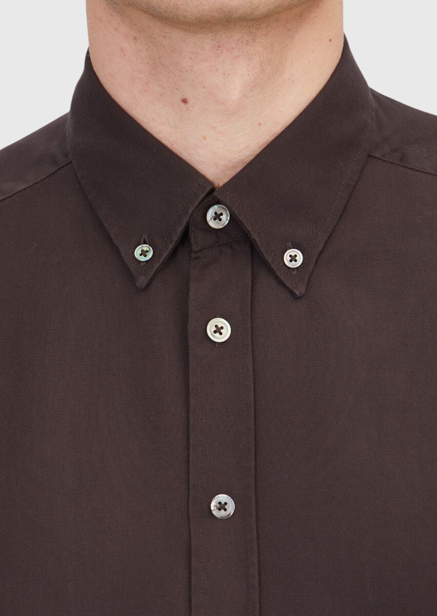 Brown Plain Weaving Casual Shirt - 5