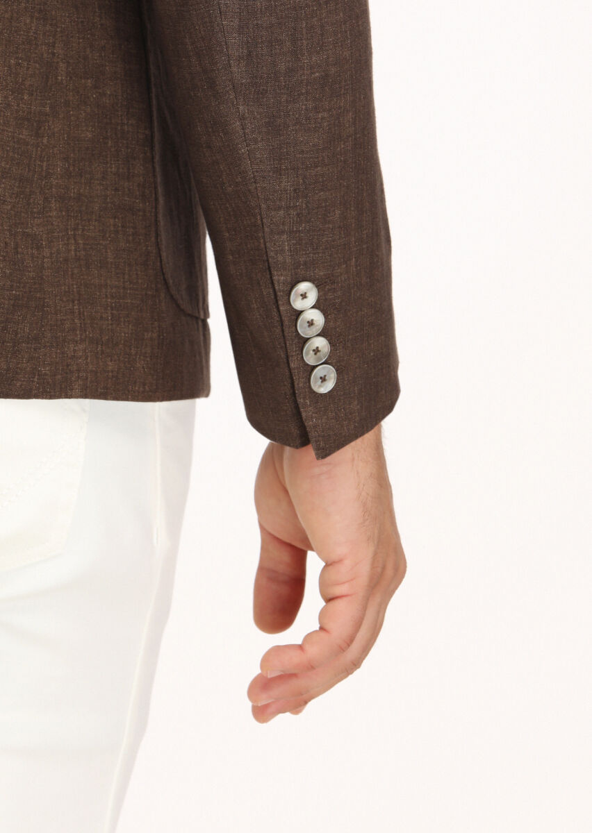 Brown Plain Zeroweight Slim Fit 100% Linen Jacket - 4