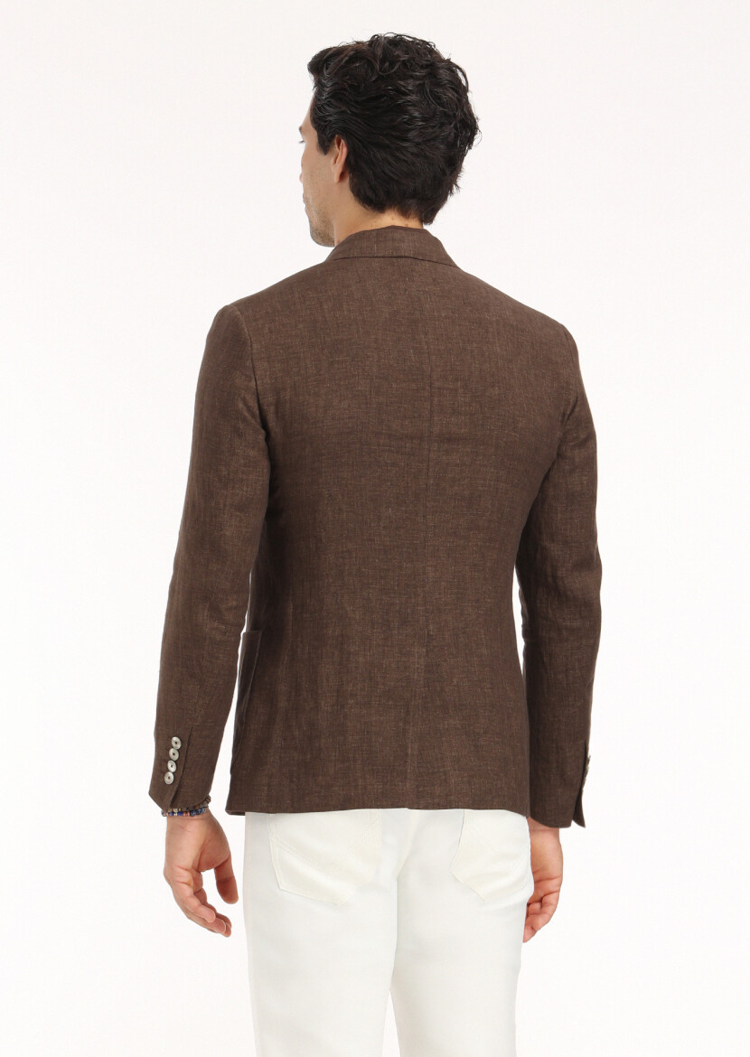 Brown Plain Zeroweight Slim Fit 100% Linen Jacket - 5