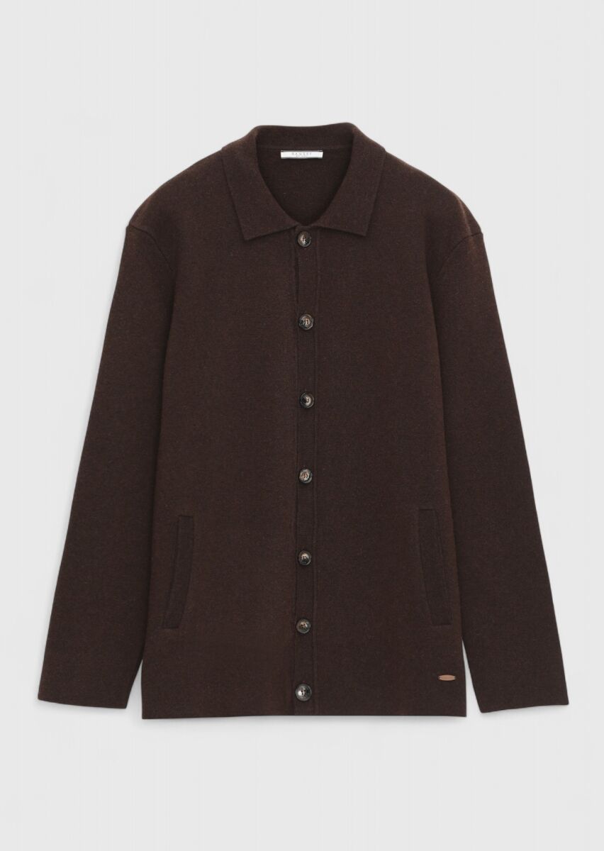 Brown Polo Neck Plain Knitting Wool Blended Cardigan - 6