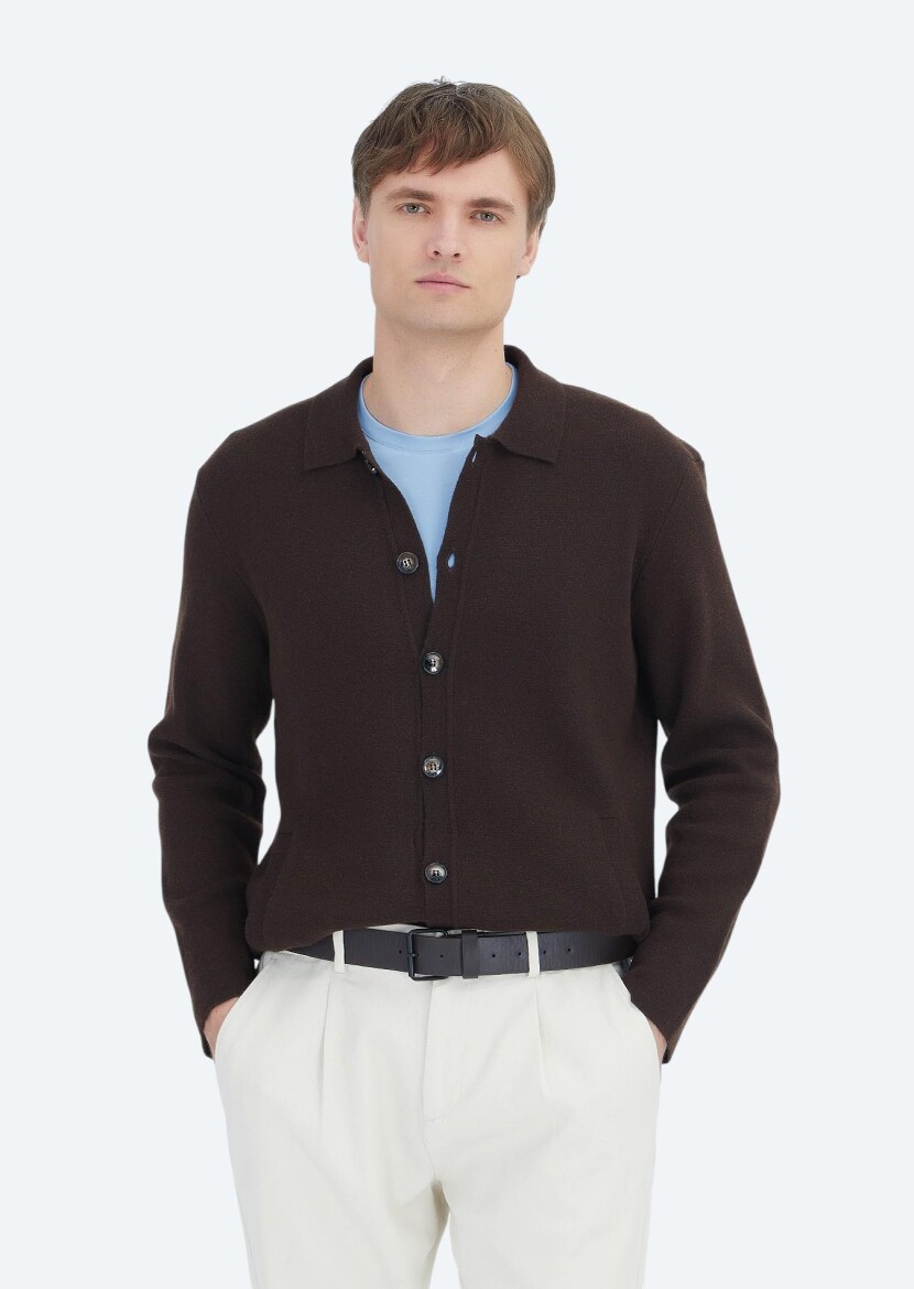 Brown Polo Neck Plain Knitting Wool Blended Cardigan - RAMSEY