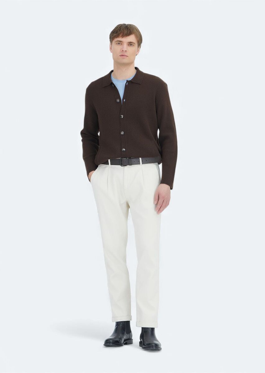 Brown Polo Neck Plain Knitting Wool Blended Cardigan - 2