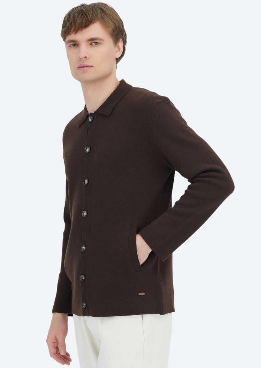 Brown Polo Neck Plain Knitting Wool Blended Cardigan - 3