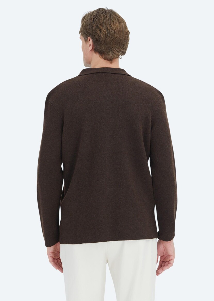Brown Polo Neck Plain Knitting Wool Blended Cardigan - 5