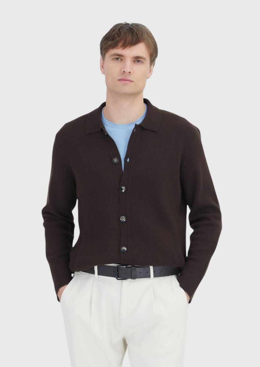 Brown Polo Neck Plain Knitting Wool Blended Cardigan - RAMSEY