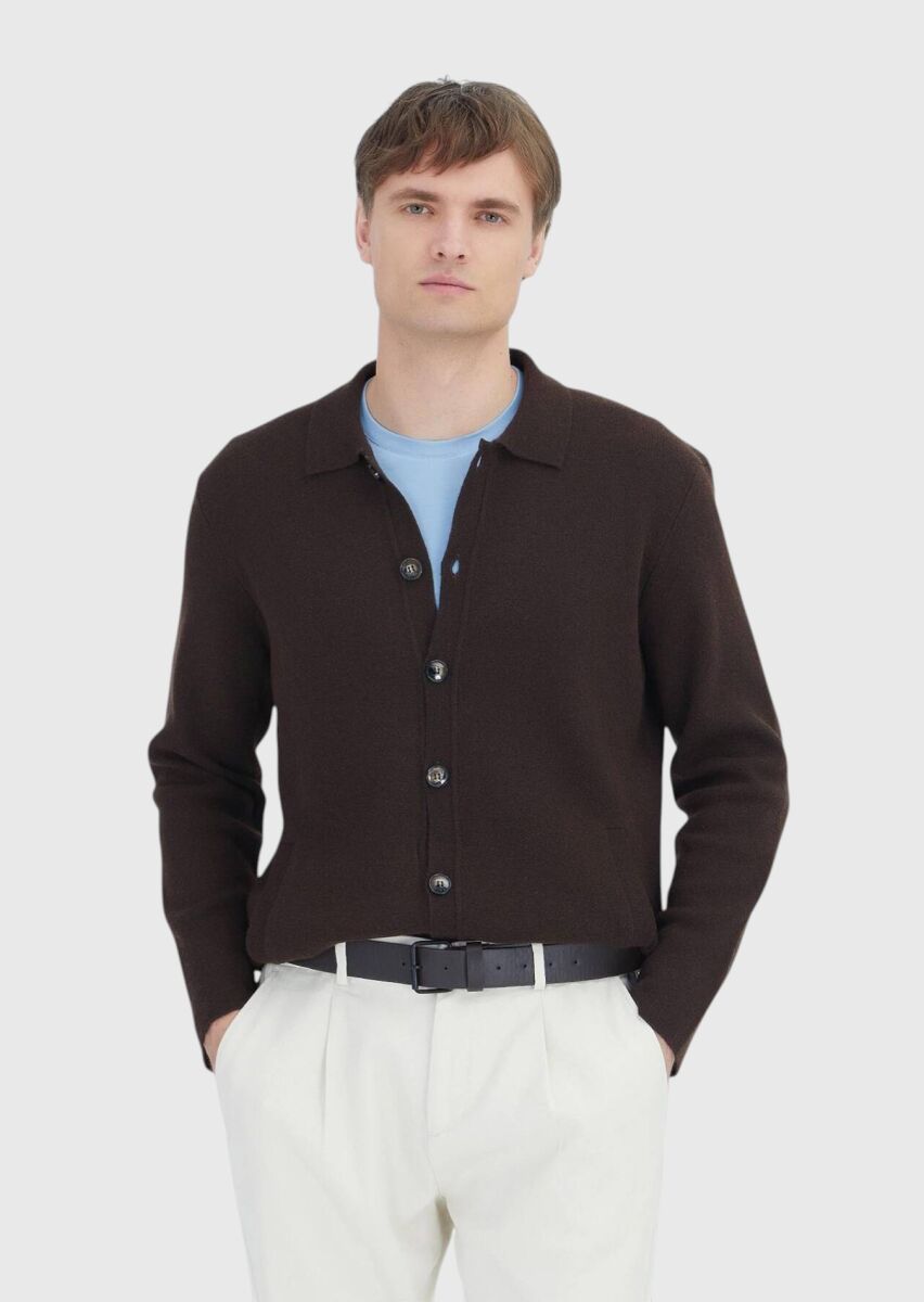 Brown Polo Neck Plain Knitting Wool Blended Cardigan - 1