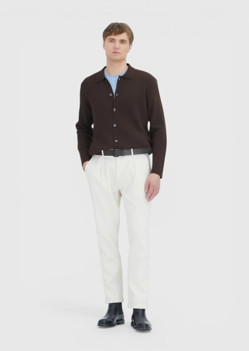 Brown Polo Neck Plain Knitting Wool Blended Cardigan - RAMSEY