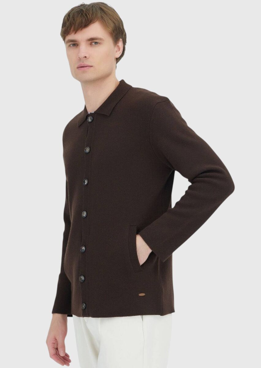 Brown Polo Neck Plain Knitting Wool Blended Cardigan - 3