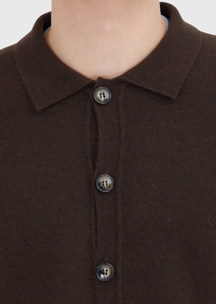 Brown Polo Neck Plain Knitting Wool Blended Cardigan - 4