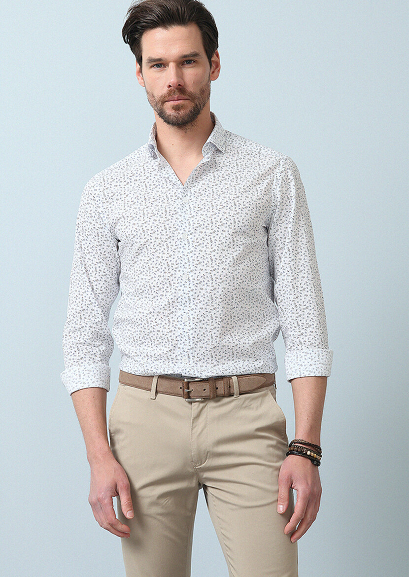 Brown Printed Slim Fit Long Weaving Casual 100% Cotton Shirt - 1