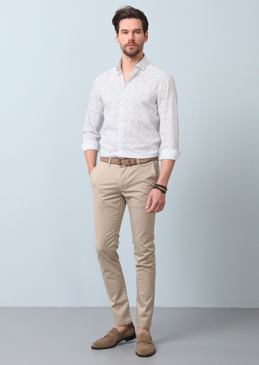 Brown Printed Slim Fit Long Weaving Casual 100% Cotton Shirt - 4