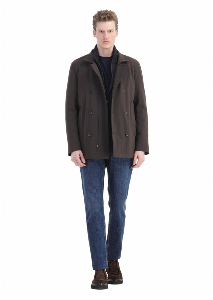 Brown Regular Fit Double Breasted Collar Casual Knitting Coat - 2