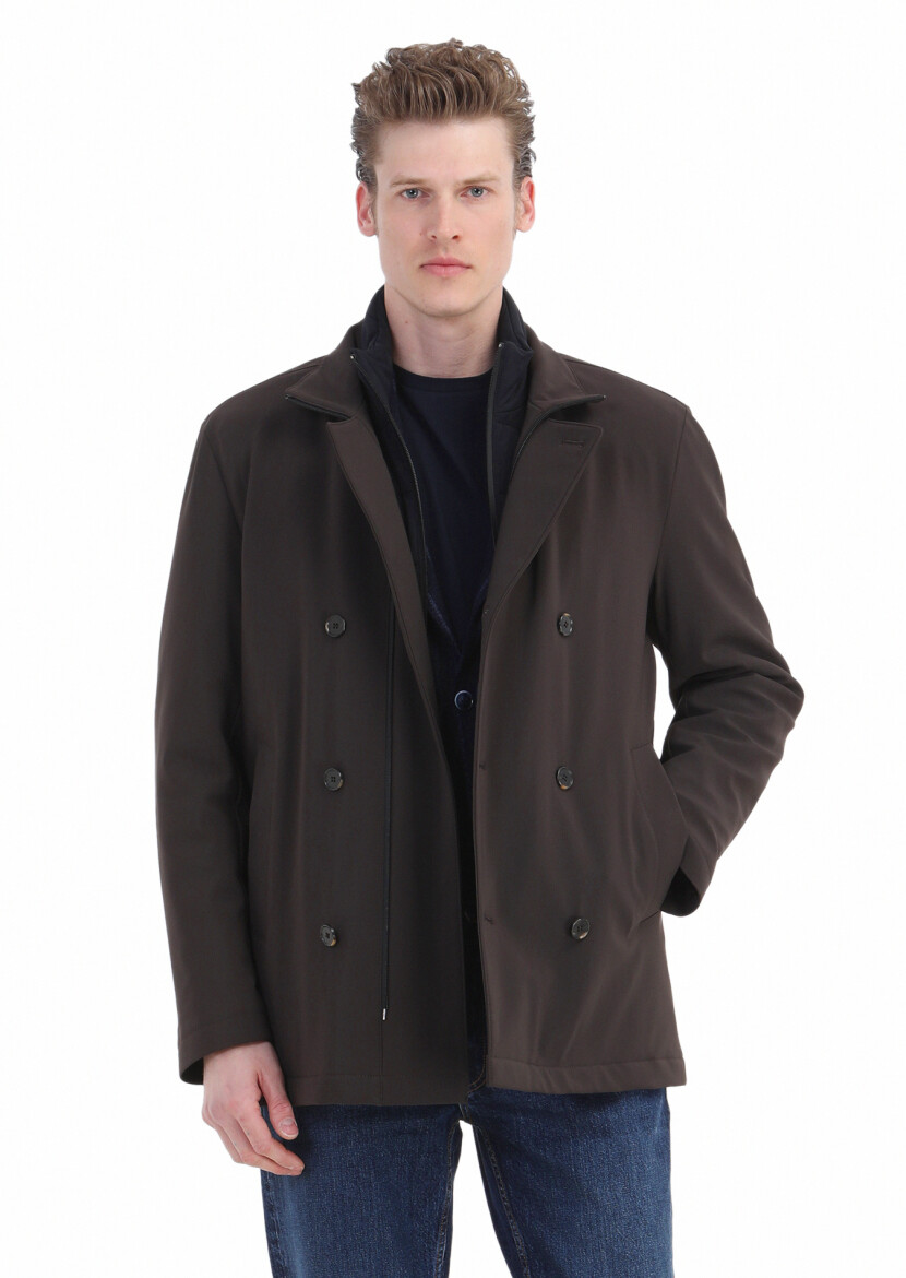 Brown Regular Fit Double Breasted Collar Casual Knitting Coat - 3