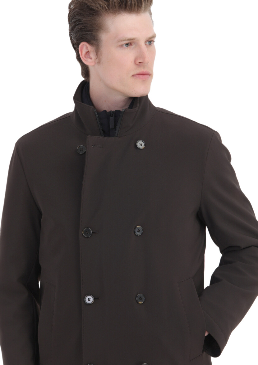 Brown Regular Fit Double Breasted Collar Casual Knitting Coat - 4