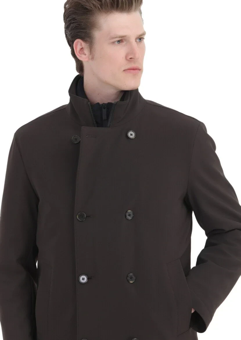 Brown Regular Fit Double Breasted Collar Casual Knitting Coat - 4
