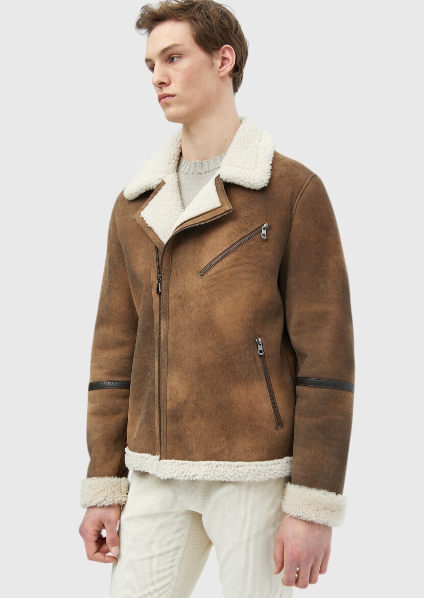 Brown Regular Fit Shirt Collar Casual Fur Leather Coat - 1