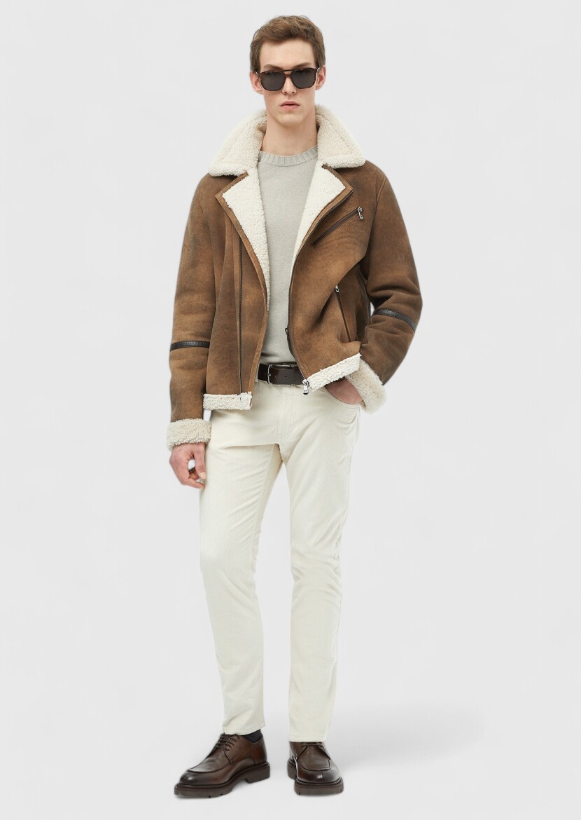 Brown Regular Fit Shirt Collar Casual Fur Leather Coat - 2