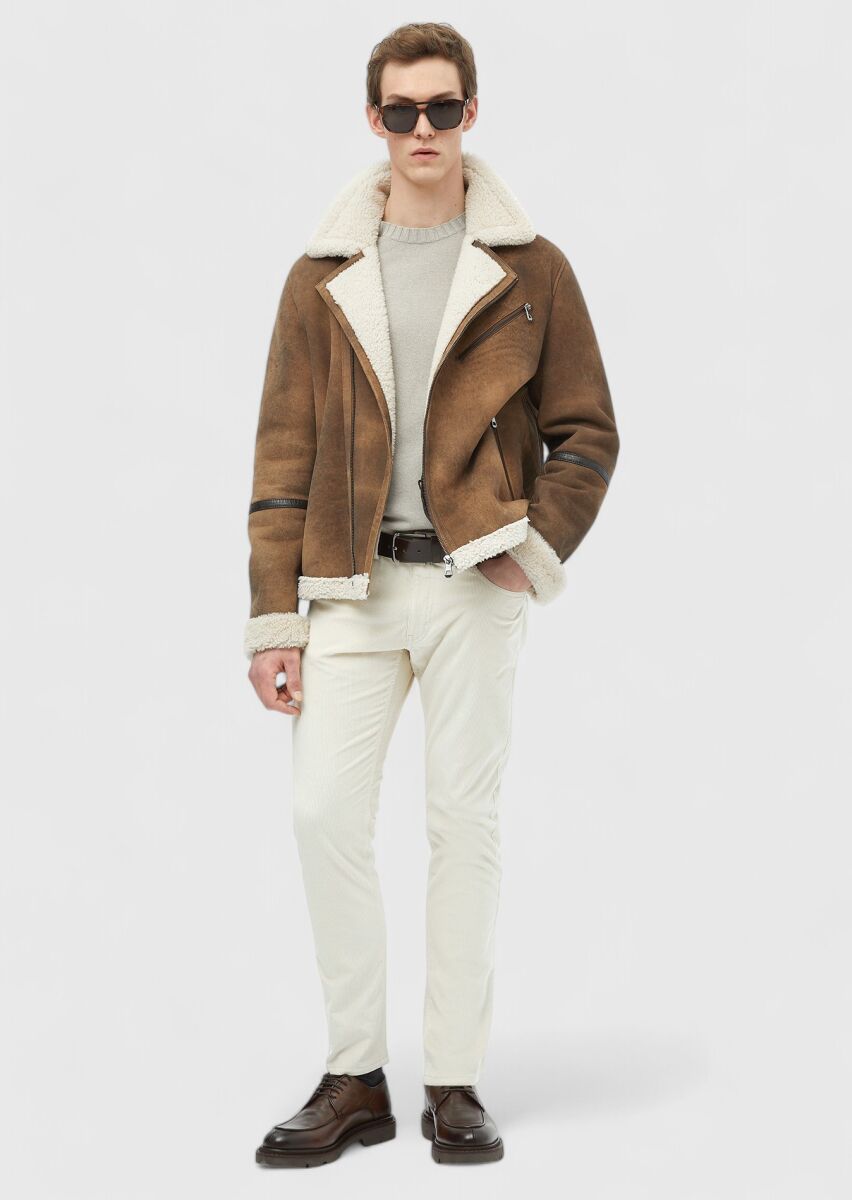 Brown Regular Fit Shirt Collar Casual Fur Leather Coat - 2