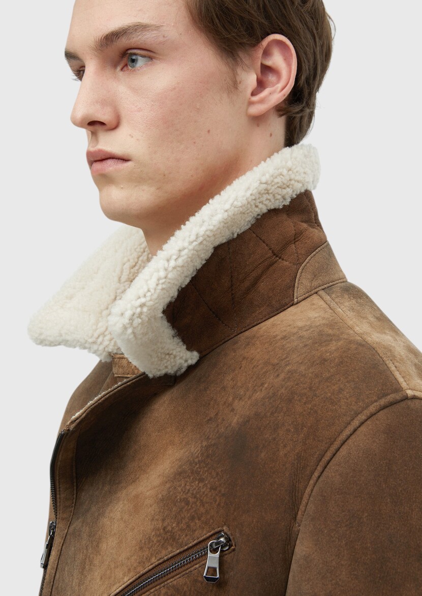 Brown Regular Fit Shirt Collar Casual Fur Leather Coat - 6